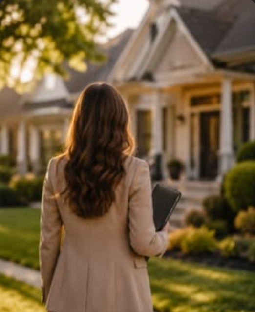 Independent professional walking toward a home with a portfolio
