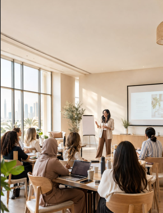 Financial professional presenting to a group in a bright modern workspace