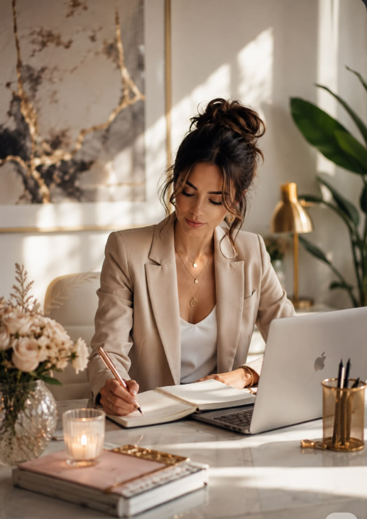 Self-employed business owner reviewing plans and financial notes