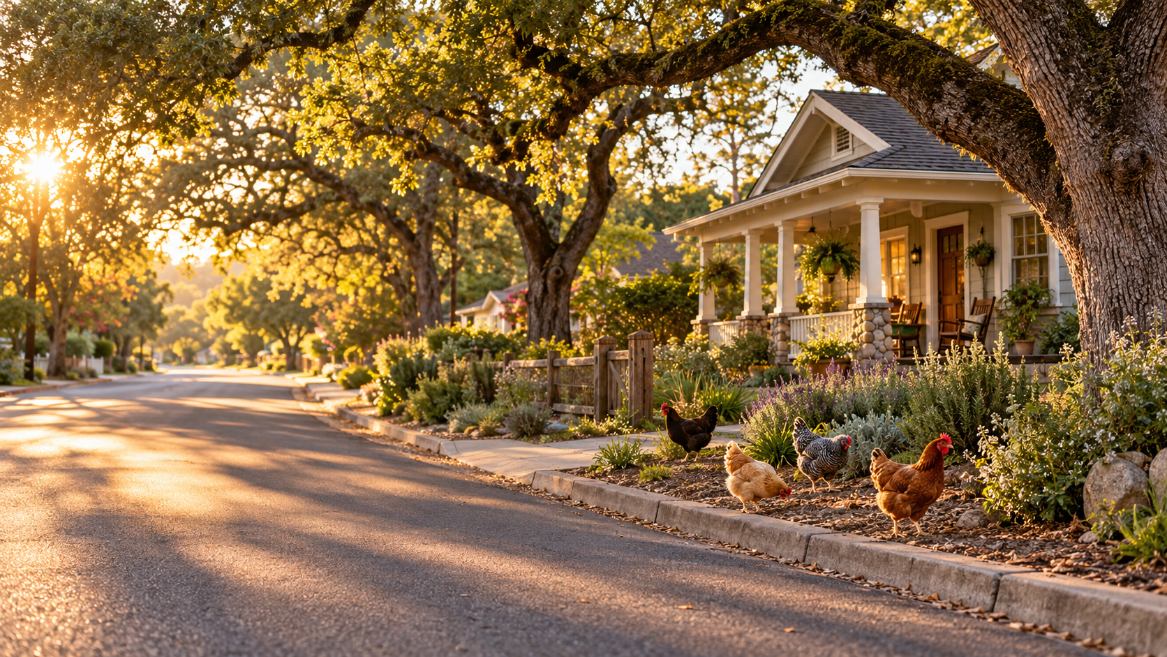 Fair Oaks neighborhood beneath heritage oaks with chickens