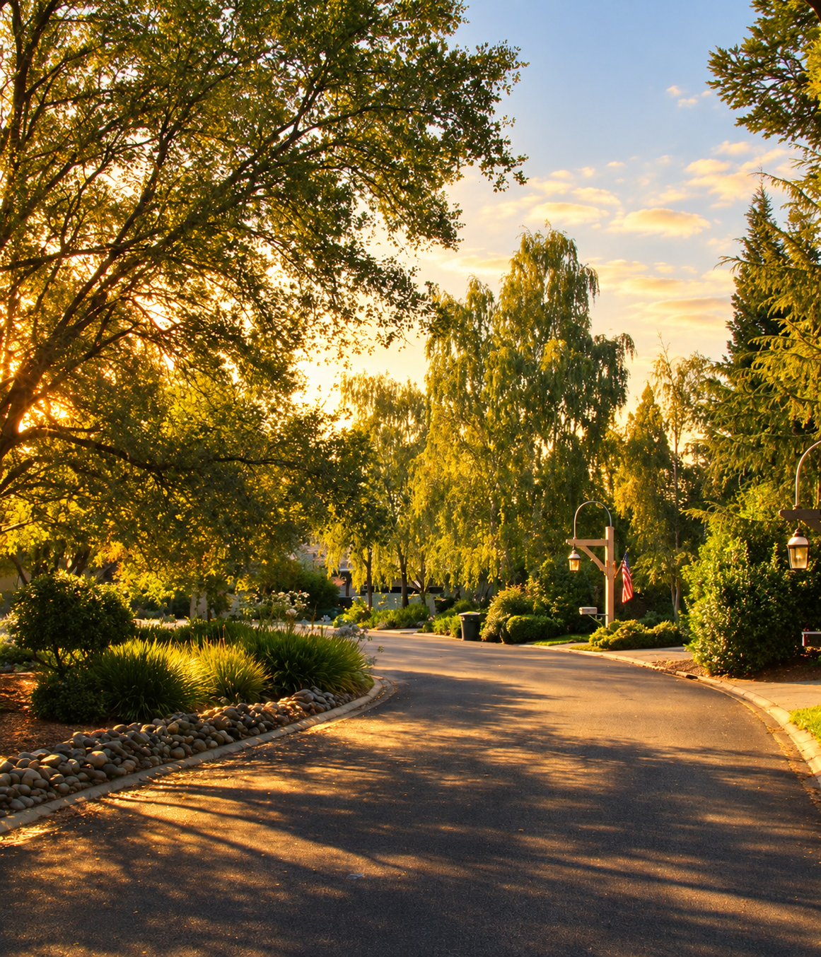 Warm late-afternoon view of a leafy Fair Oaks residential street