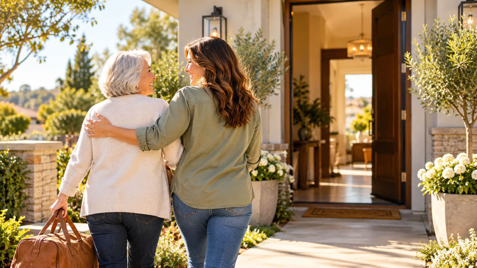 Adult daughter welcoming her mother home