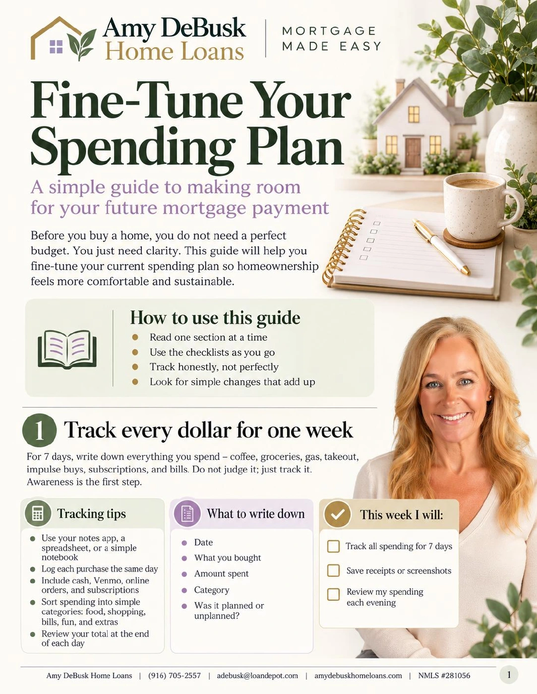 Fine-Tune Your Spending Plan, a four-page guide from Amy DeBusk Home Loans with spending checklists and action steps