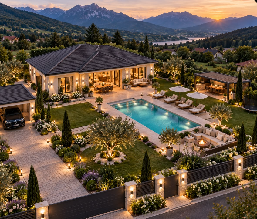 California dream home with a pool, mountain views and sunset