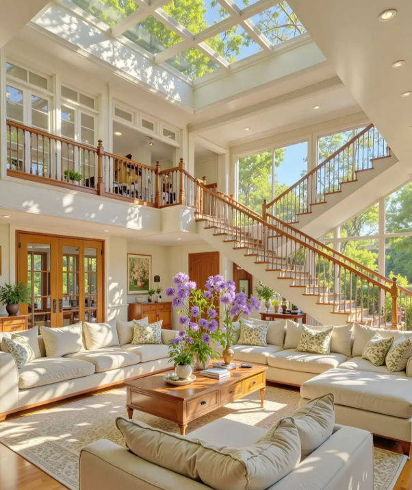 Sunlit California luxury home interior with staircase and large windows
