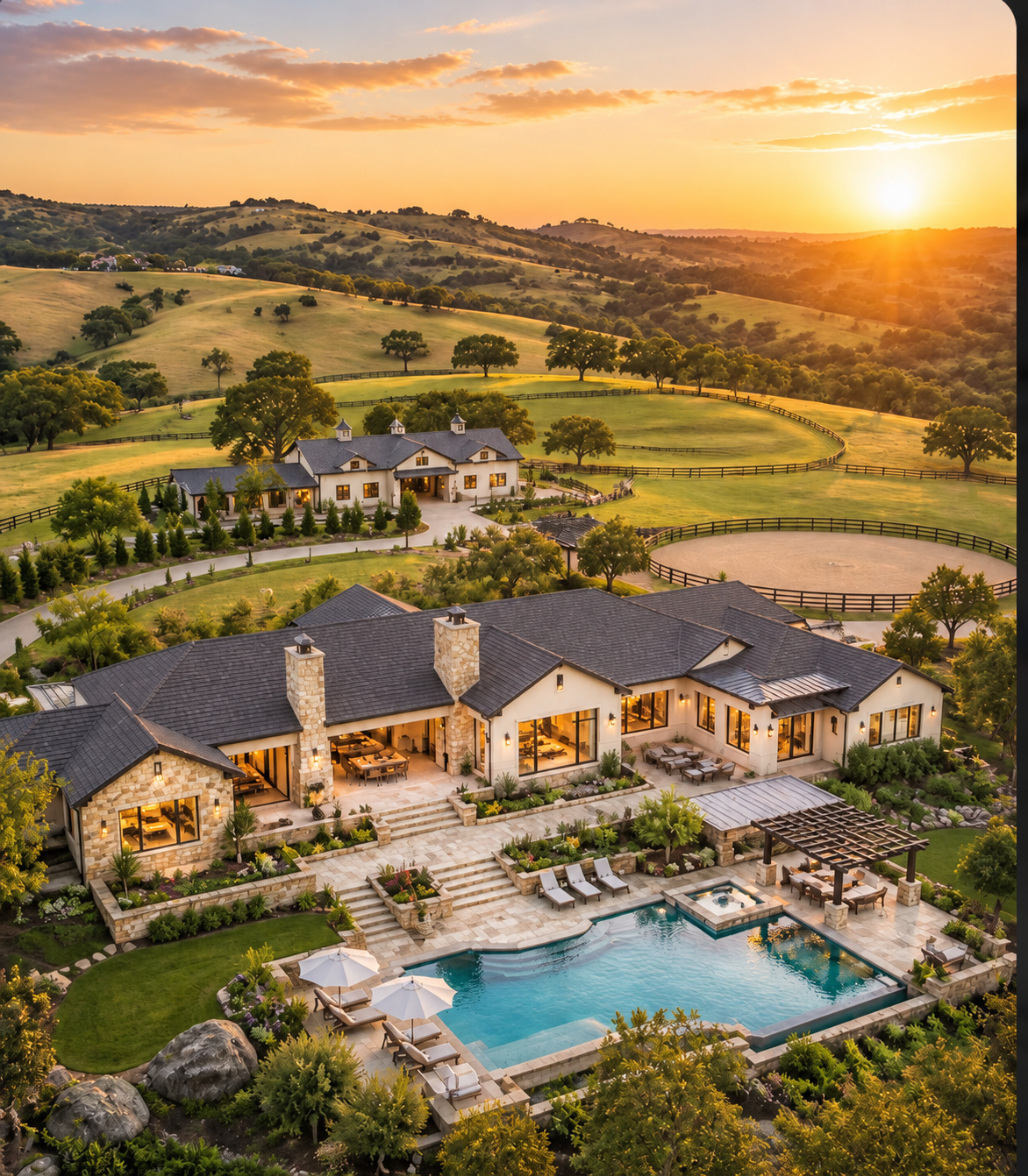 Exceptional California estate with pool, rolling hills and a golden sunset