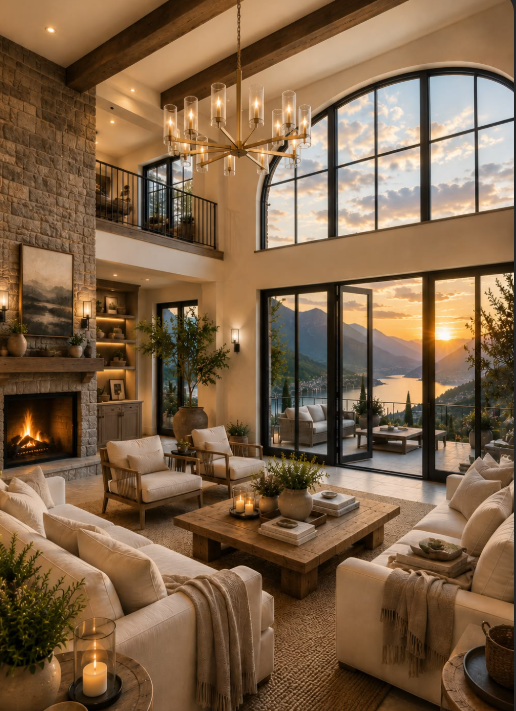 Warm luxury home interior with sunset mountain and lake views