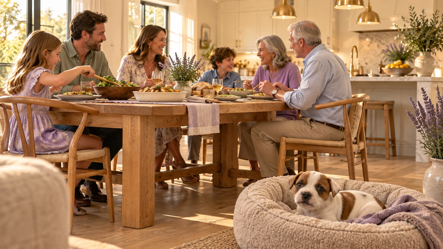A family enjoying dinner in their kitchen with Charlie resting nearby