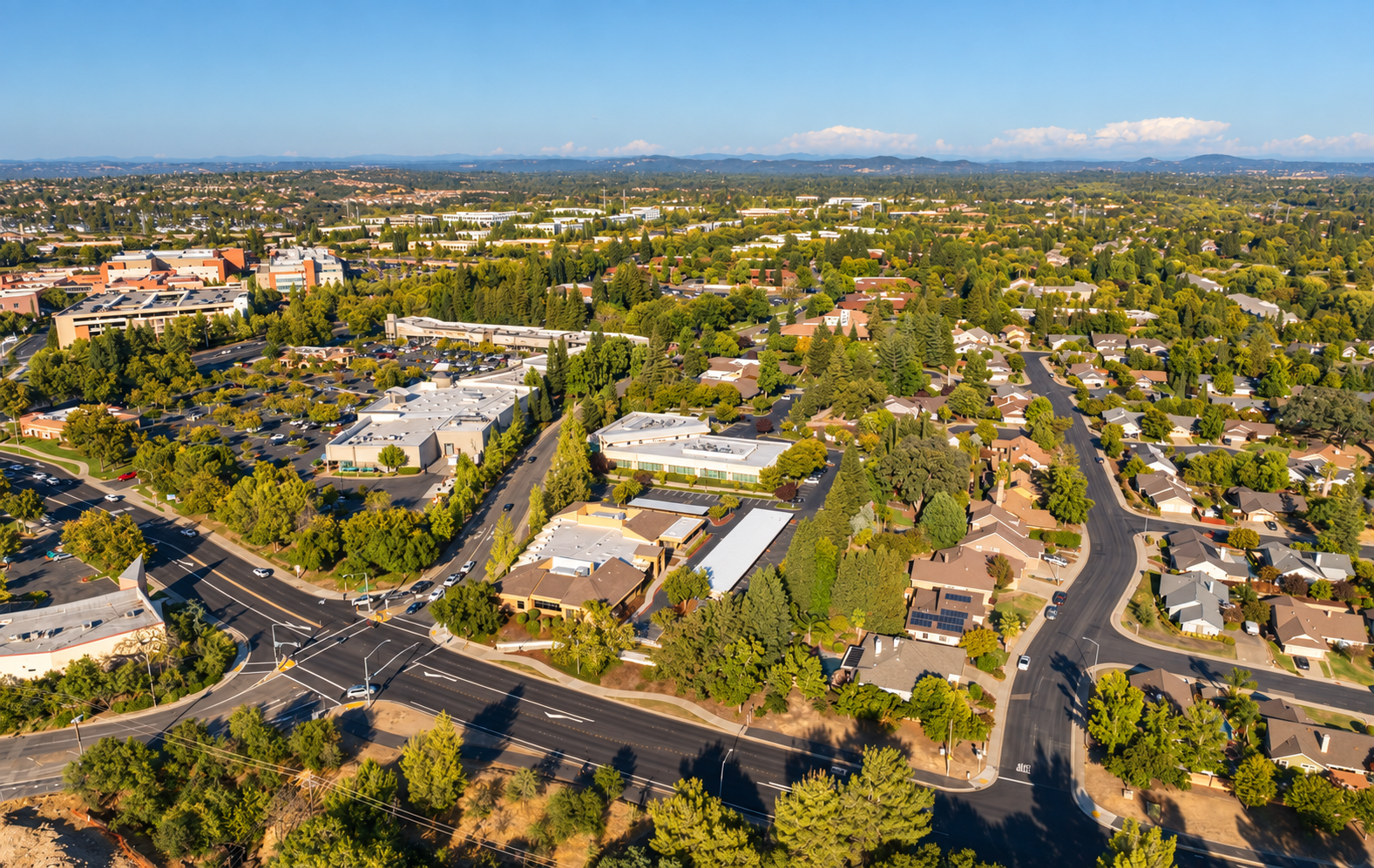 Aerial view of a park and established homes in the Maidu area of Roseville