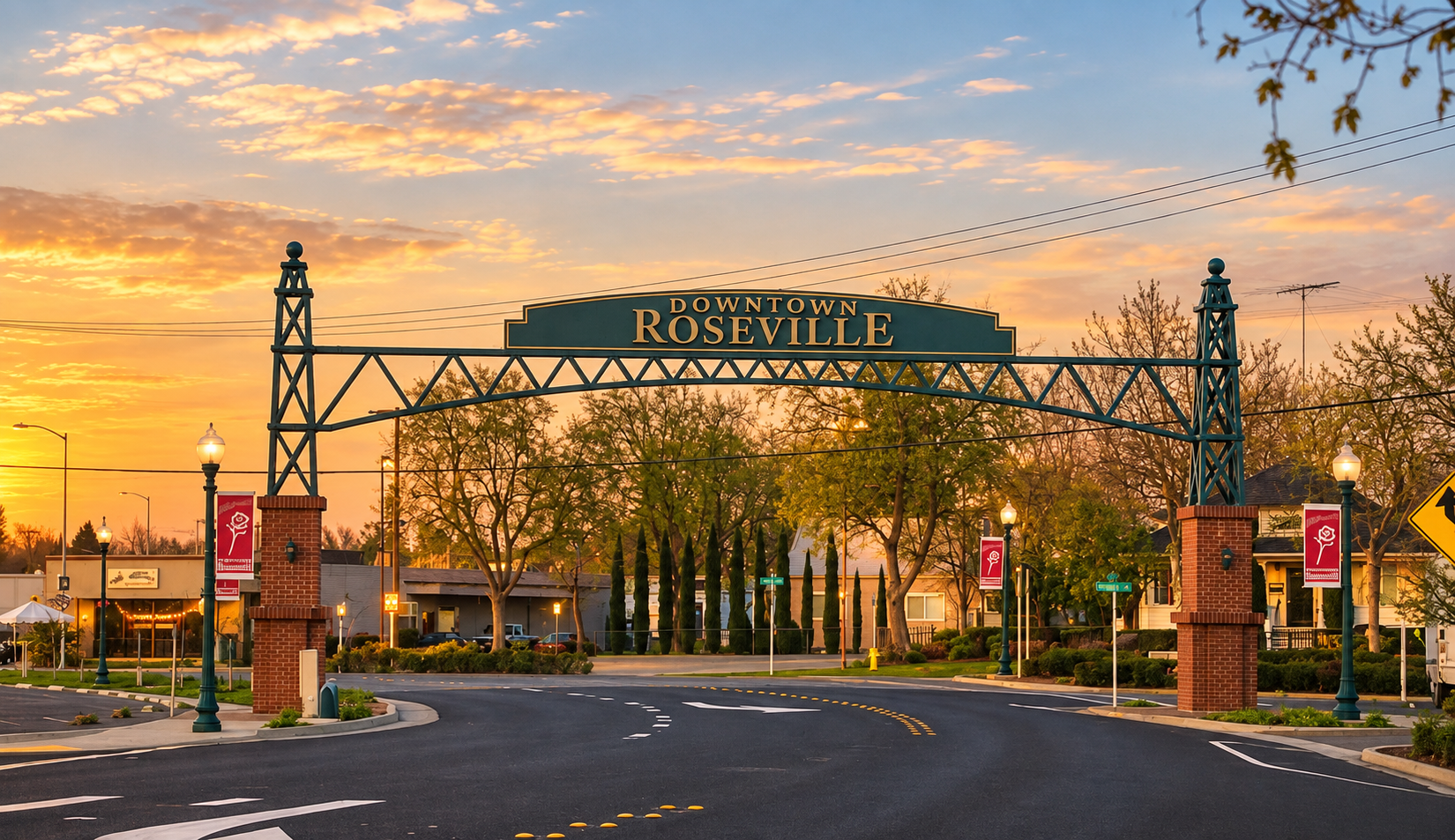 Downtown Roseville entrance at sunset