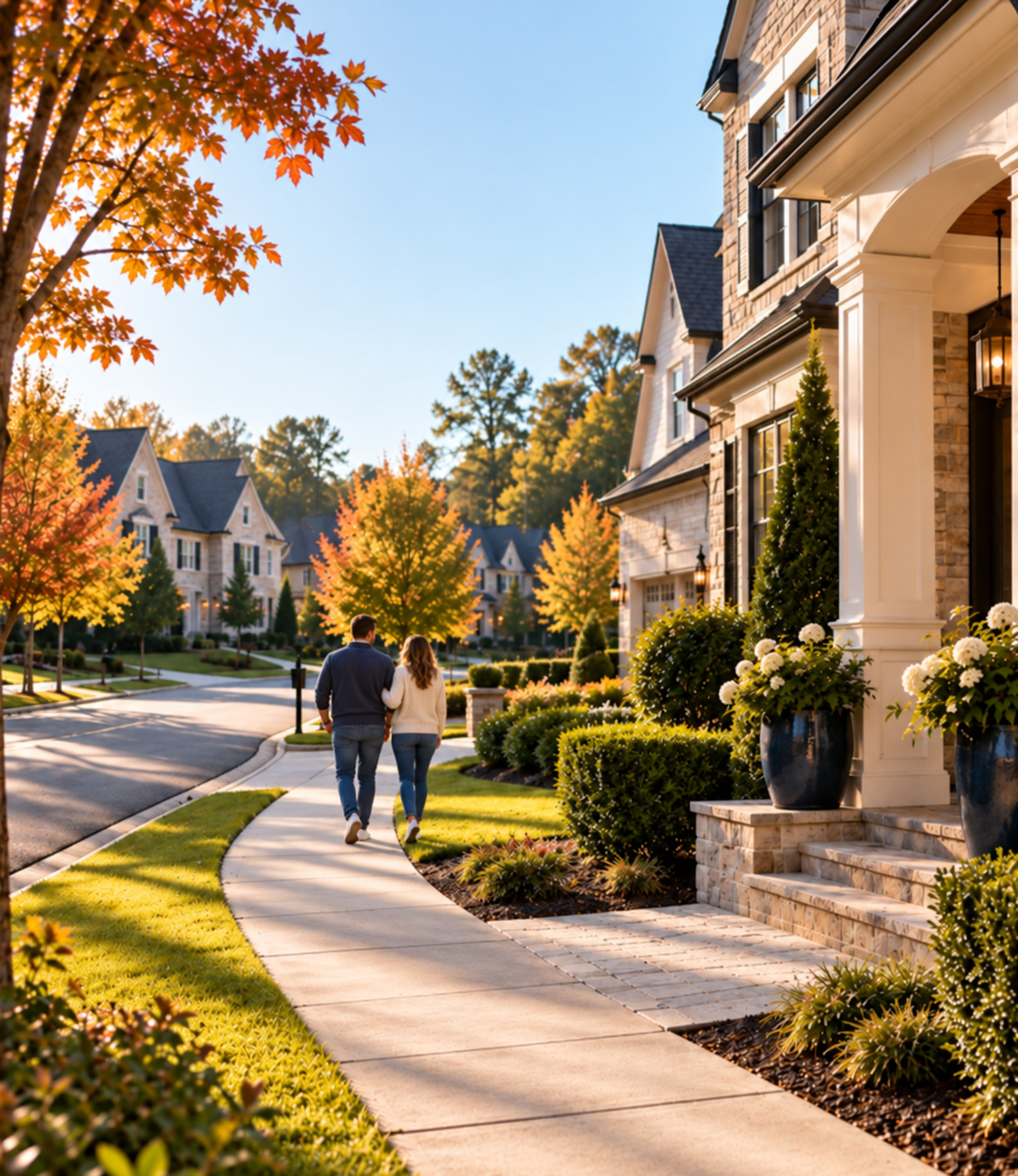 Couple walking through a welcoming neighborhood