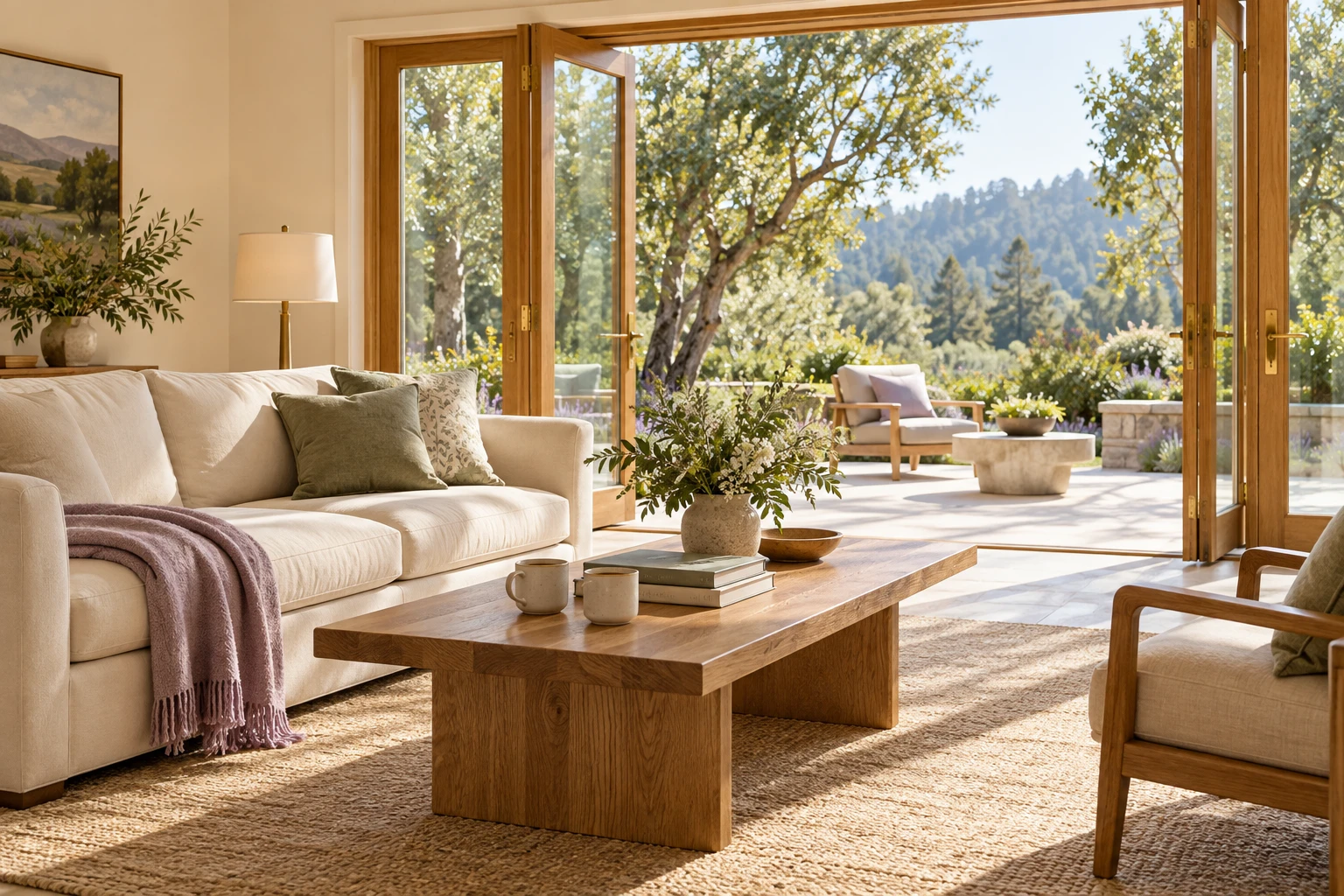 Coffee and books in a warm cream living room opening onto a sunny garden