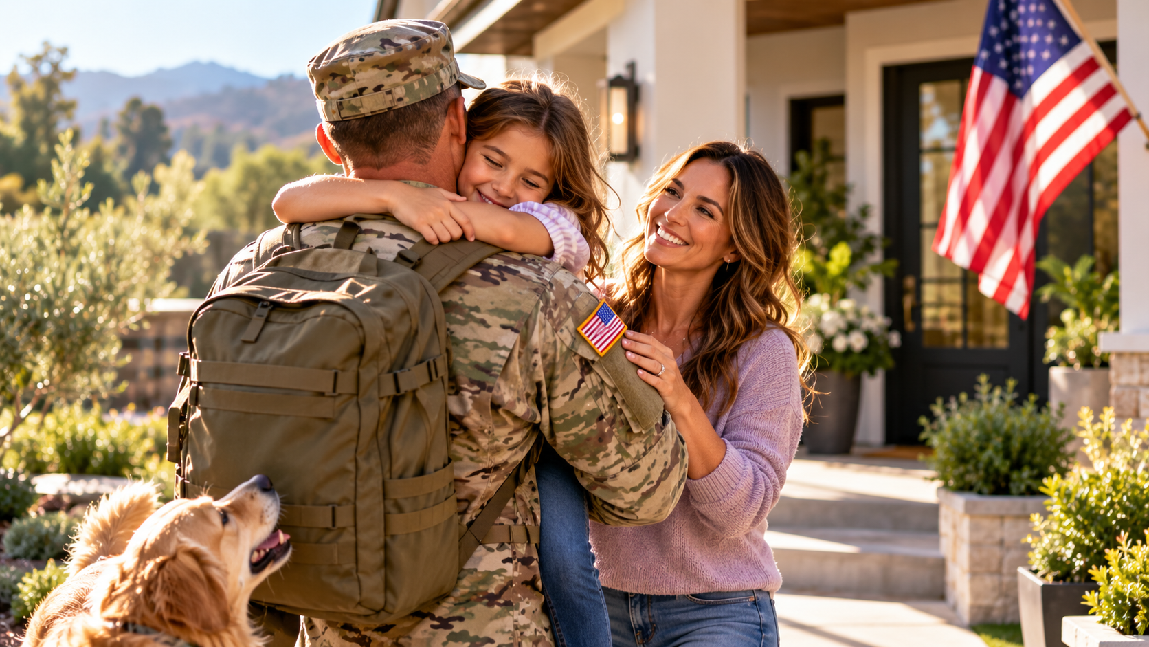 Military family welcoming home a service member outside their house