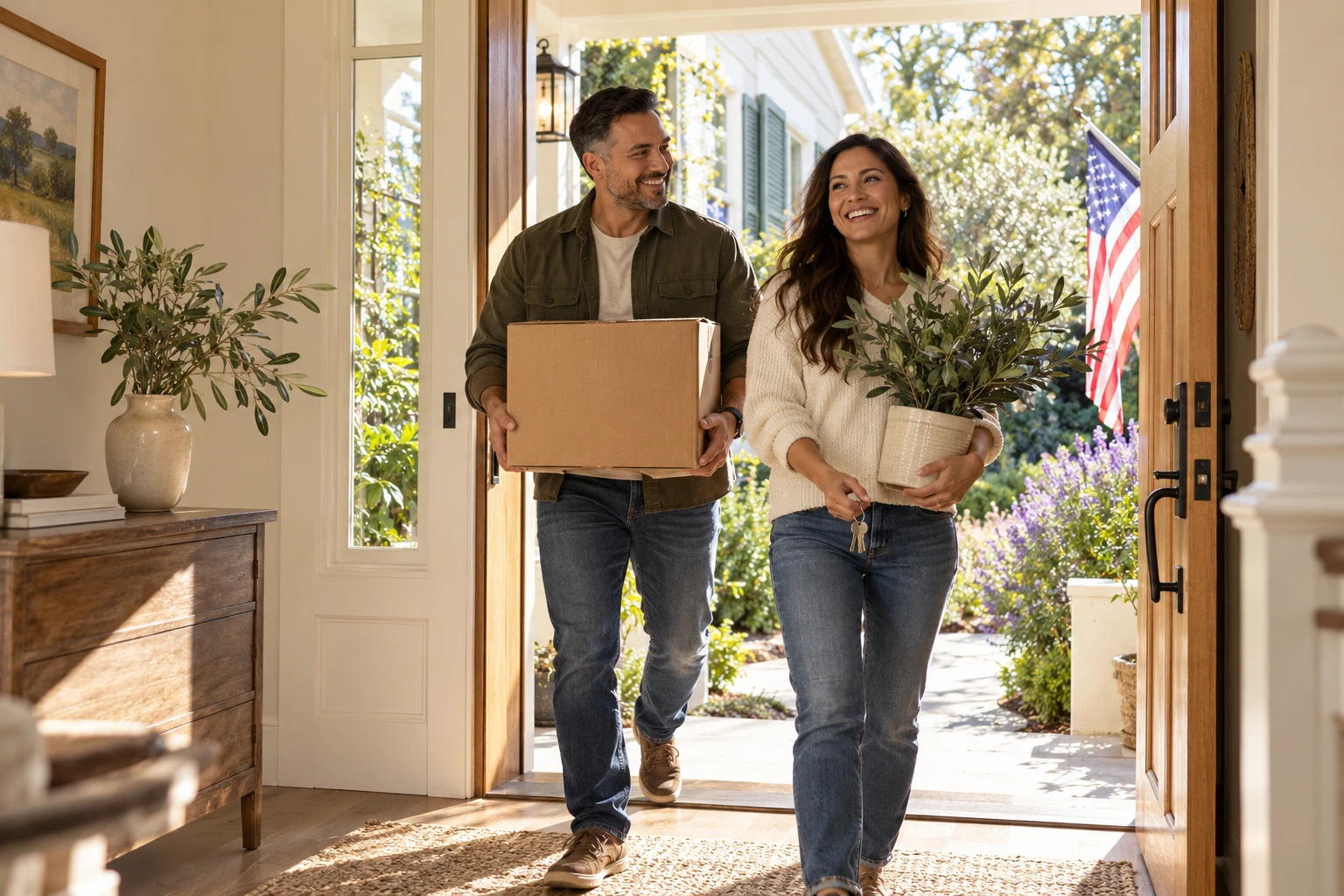 A couple carrying a moving box and plant through the front door of their new home