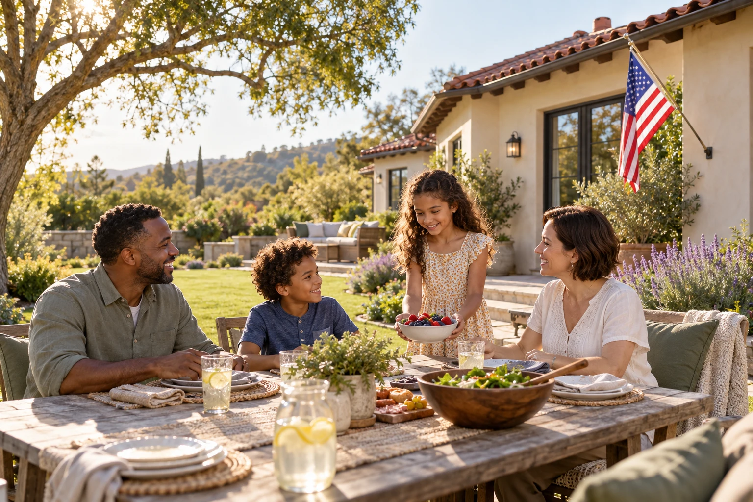 A family sharing a meal in their sunny backyard beside a home displaying an American flag