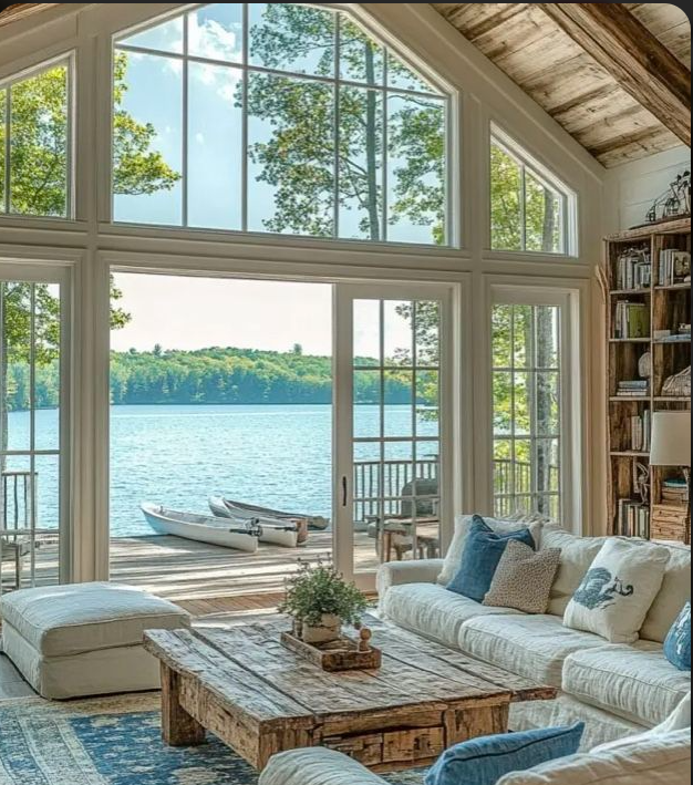 Bright lakefront vacation home with a calm water view