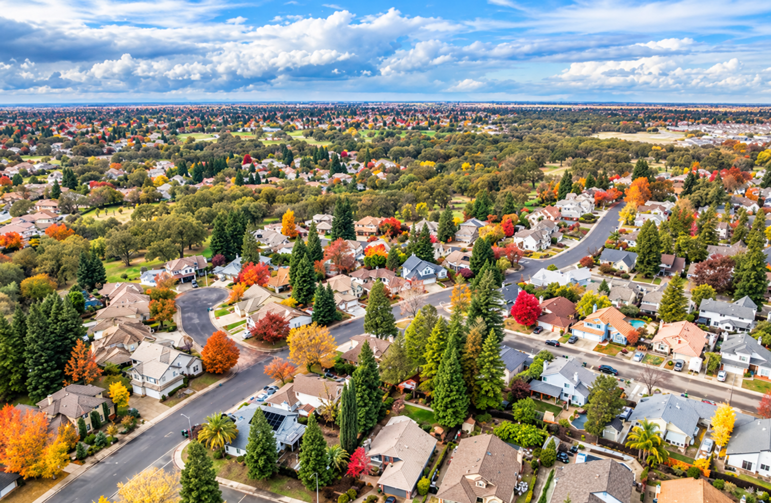 Aerial view of West Roseville homes and tree-lined neighborhoods