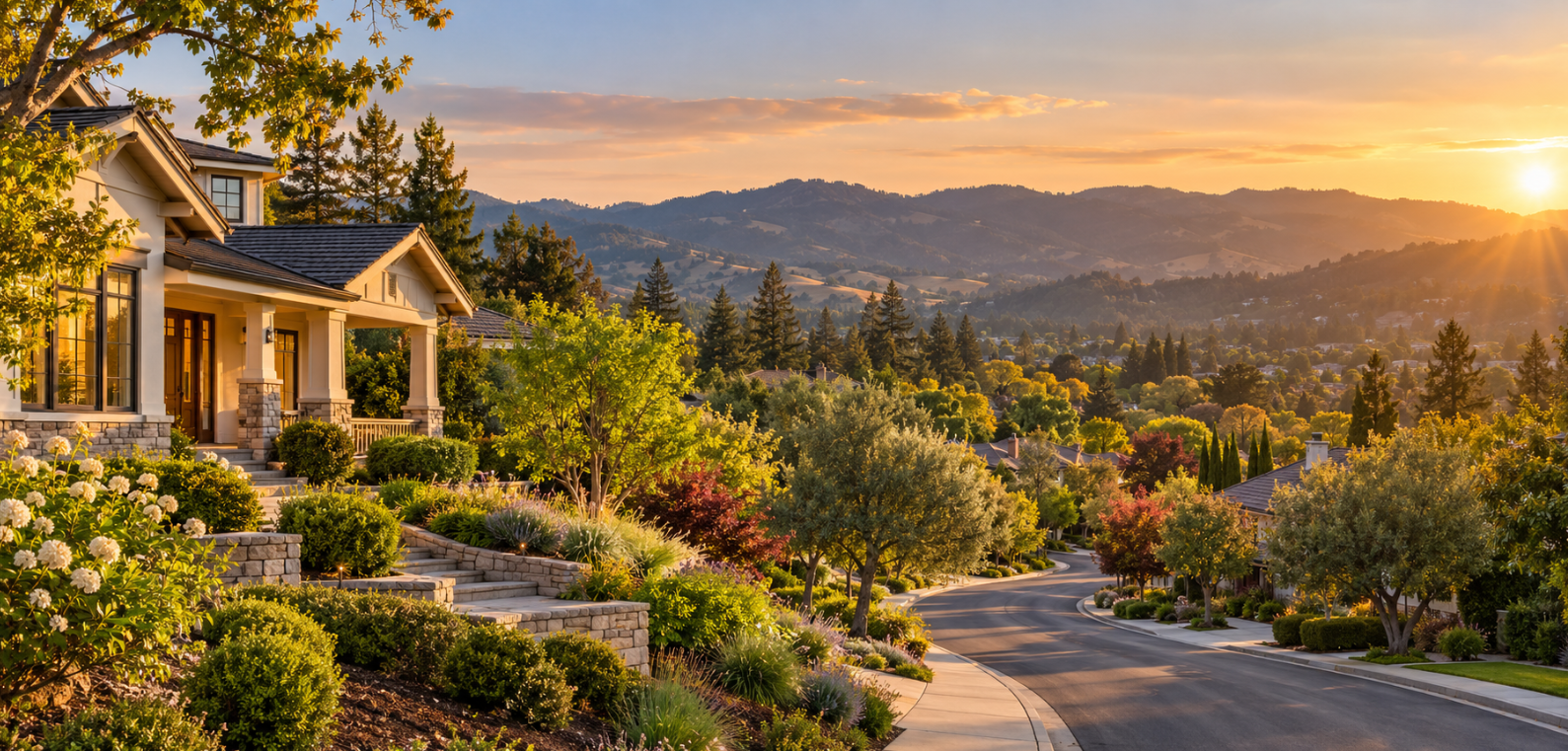 Warm California neighborhood at sunset with foothills in the distance