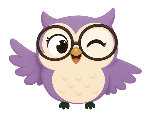 Amy’s friendly lavender owl wearing glasses and giving a wink