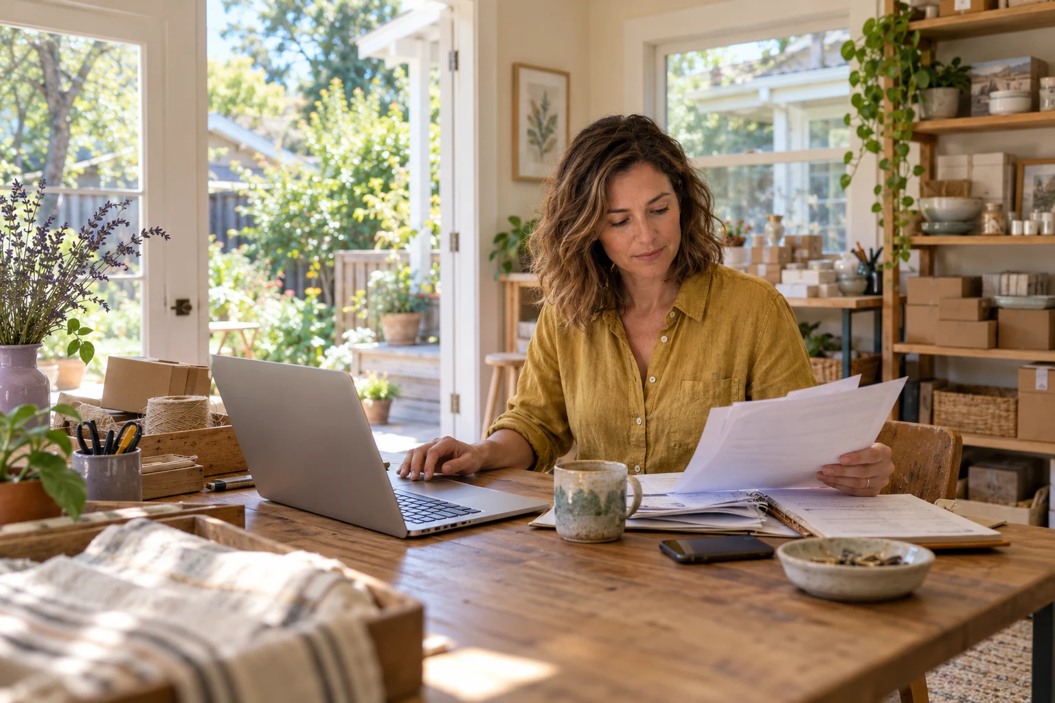 A self-employed homeowner reviewing business paperwork in her sunlit home studio
