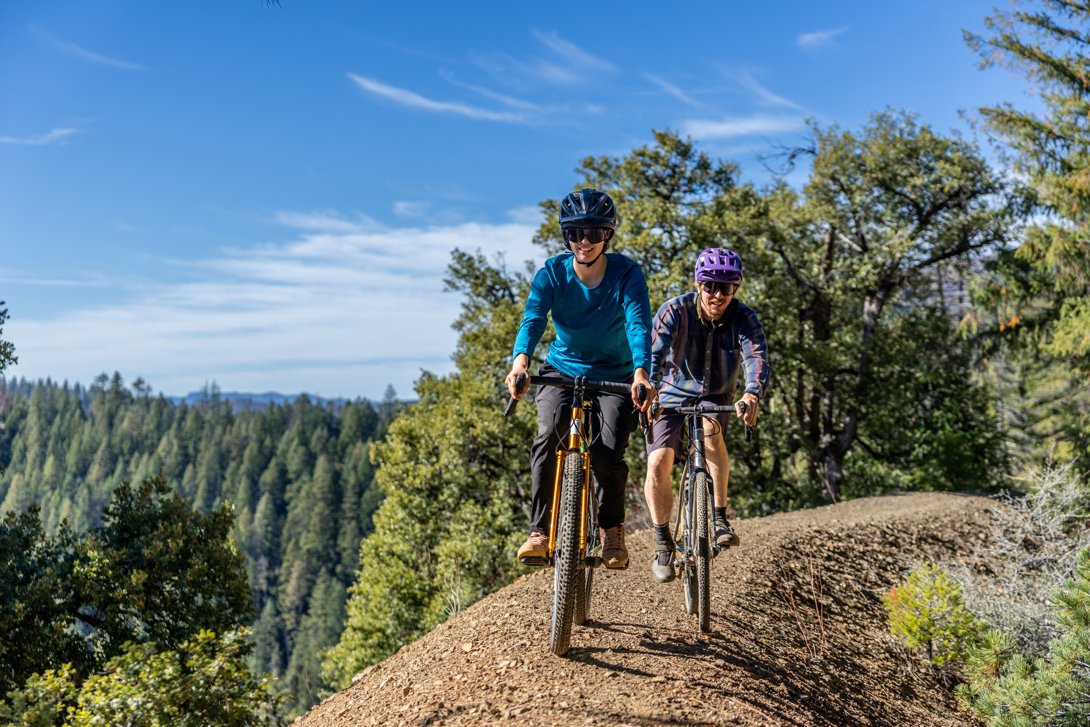 Two cyclists enjoying a sunny trail surrounded by trees and open views