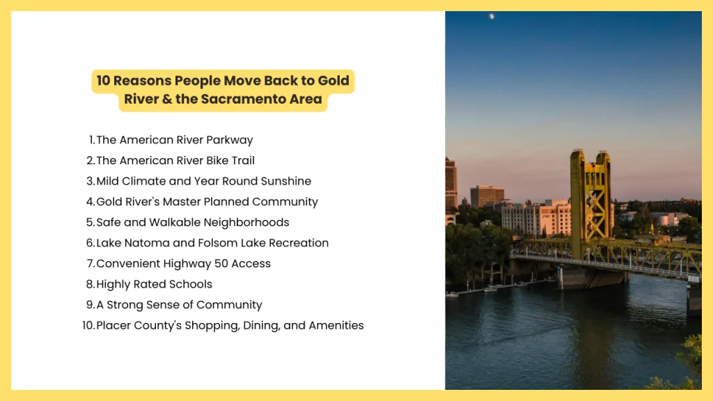 Infographic listing ten reasons people move back to Gold River and the Sacramento area, alongside a photo of the Sacramento Tower Bridge at sunset.