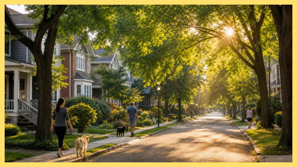 Tree lined residential street in Roseville, California, at golden hour, with residents walking their dogs past well maintained homes, landscaped yards, and shaded sidewalks.