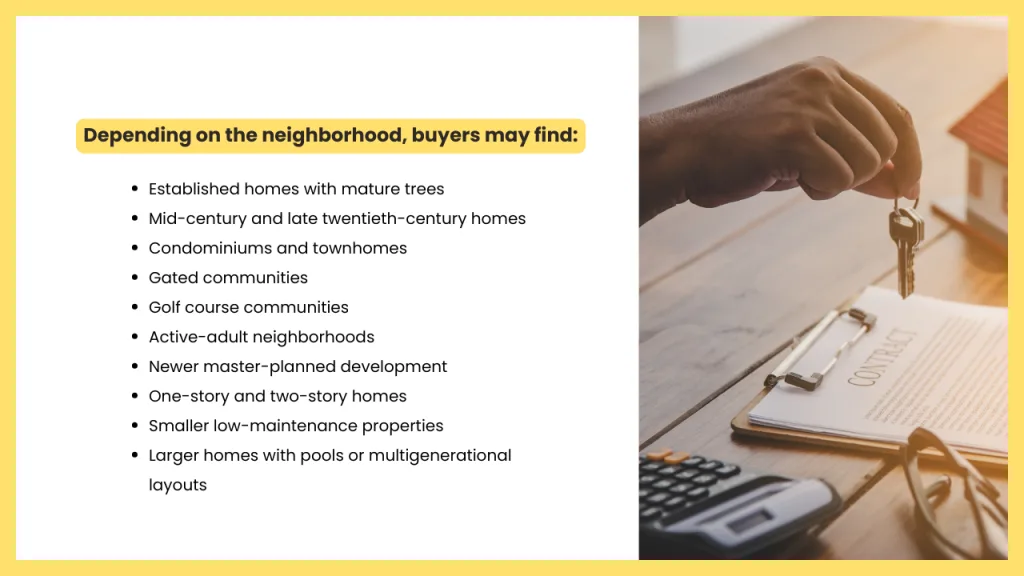 An informational graphic highlighting the variety of homes and neighborhoods available in Roseville, California. The image lists housing options including established homes, condos and townhomes, gated and golf course communities, active adult neighborhoods, newer master planned developments, low maintenance properties, and larger homes with pools or multigenerational layouts. A homebuyer holding house keys above a purchase contract illustrates the home buying process.