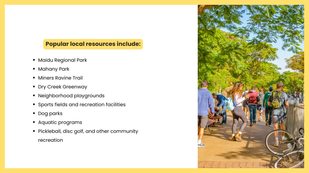 An informational graphic highlighting parks, trails, open space, and recreation in Roseville, California. The image lists popular local resources including Maidu Regional Park, Mahany Park, Miners Ravine Trail, Dry Creek Greenway, playgrounds, sports facilities, dog parks, aquatic programs, pickleball, and disc golf. A tree lined recreational path with people walking and biking illustrates Roseville's outdoor lifestyle and community amenities.