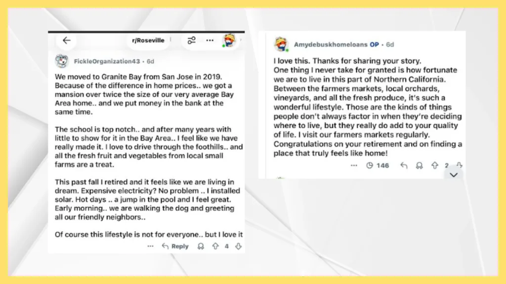 Screenshots of a Reddit discussion about moving from San Jose to Granite Bay, California, highlighting lower home prices, highly regarded schools, foothill scenery, fresh produce from local farms, solar energy, a backyard pool, friendly neighbors, and nearby farmers markets, orchards, and vineyards.