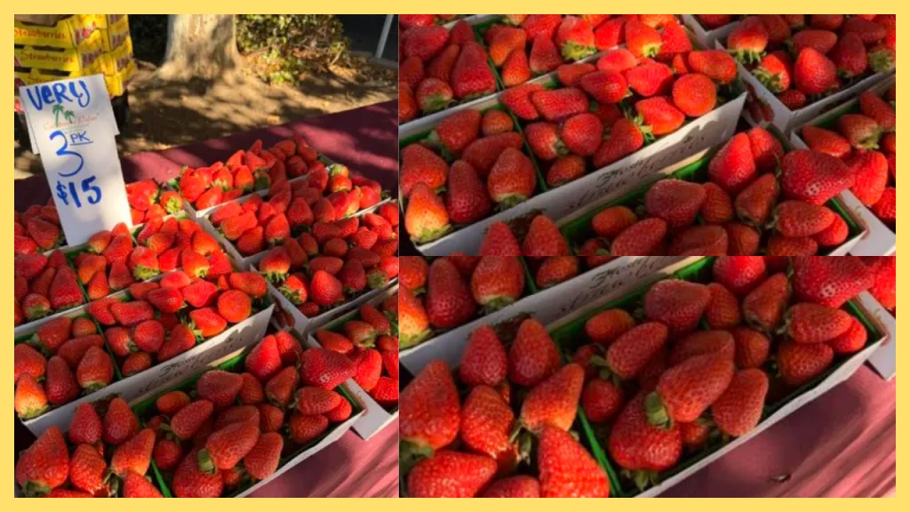 Collage of fresh red strawberries displayed in baskets at a local farmers market, highlighting access to seasonal produce, farm stands, and fresh local food near Roseville, California.