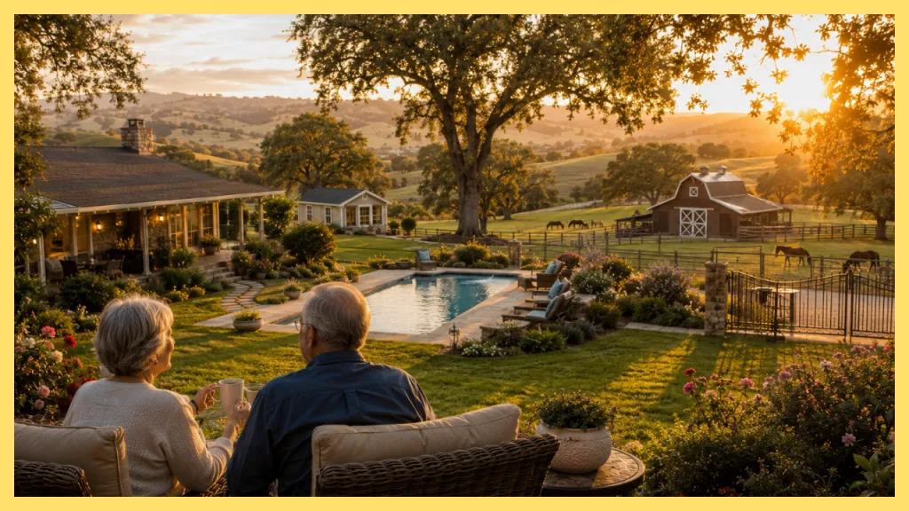Older couple relaxing outside their countryside home with a pool, barn, horses, and rolling hills, representing aging in place and using home equity to support long term retirement goals.