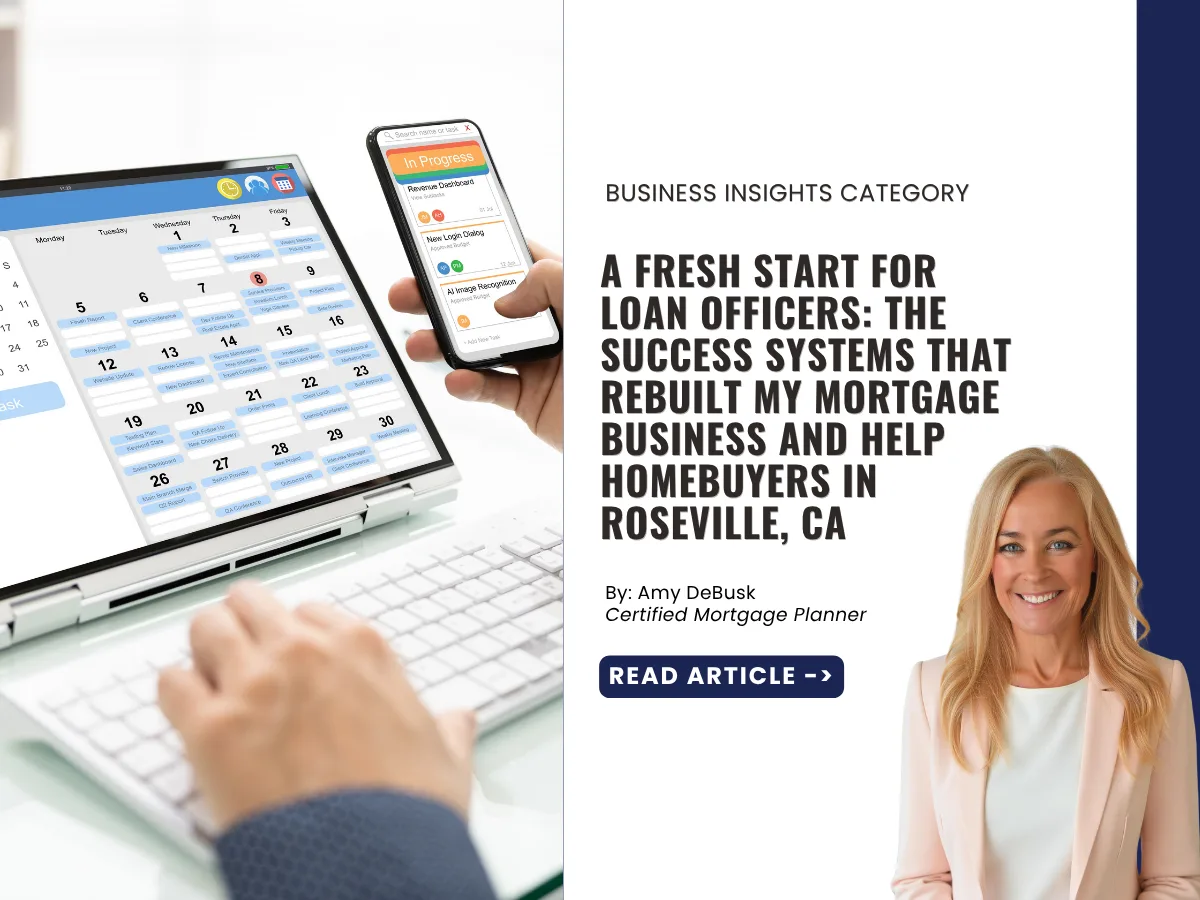 Laptop and smartphone displaying business management and scheduling software, representing mortgage business systems, workflow automation, and client management tools helping loan officers serve homebuyers in Roseville, California.