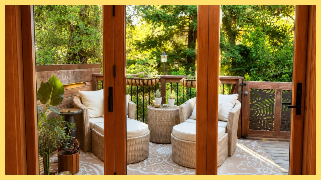 Cozy outdoor patio with comfortable wicker seating, potted plants, and peaceful forest views, showcasing a private backyard retreat that enhances everyday homeownership and outdoor living.