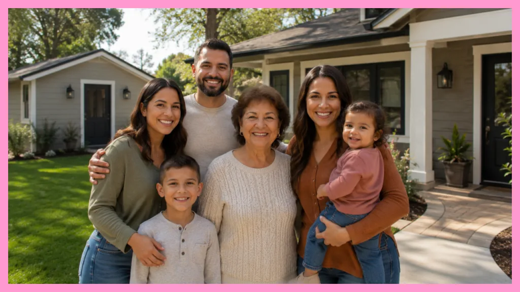 Multigenerational family standing together in front of a home with a detached ADU, illustrating how shared property ownership and thoughtful planning can support multiple generations under one roof.