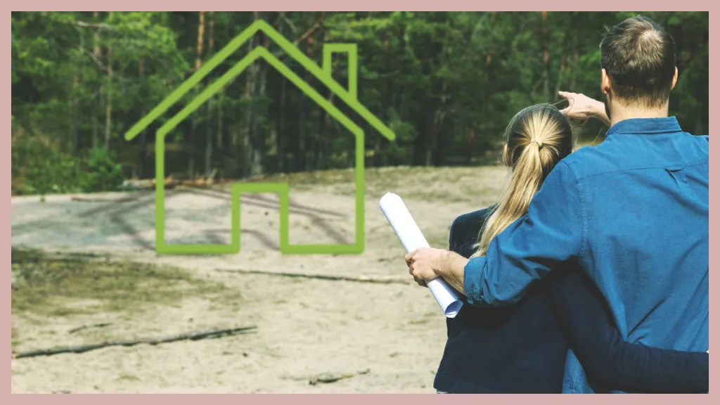 A couple standing on a wooded homesite while reviewing custom home plans and pointing toward the future location of their dream home. A house outline is overlaid on the building site, representing the planning stage of a custom construction project in Serrano and illustrating how a construction loan can help finance a new home from the ground up.
