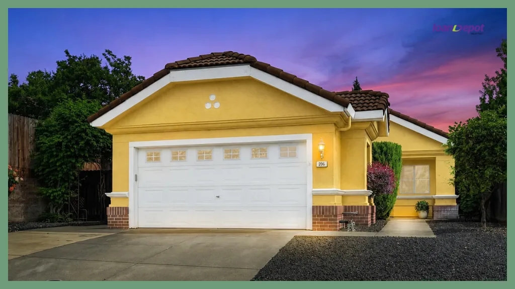 Front exterior of a charming single story home at sunset with a two car garage, landscaped yard, and welcoming entry, representing an attainable homeownership opportunity for first time buyers.