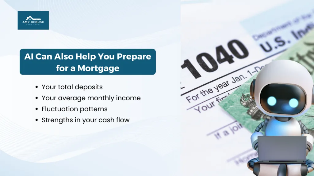 Graphic showing a robot using a laptop beside tax documents, paired with a list explaining how AI can help review income patterns and cash flow to prepare for a mortgage.