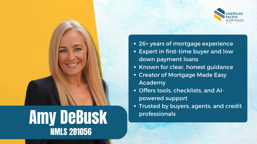 Amy DeBusk mortgage expert graphic with photo, credentials, and list of experience highlights