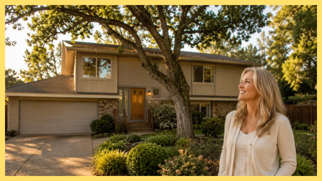 Woman standing in front of a beautiful Northern California home with mature trees, illustrating the vision and potential of creating a dream home through thoughtful renovation and long term planning.