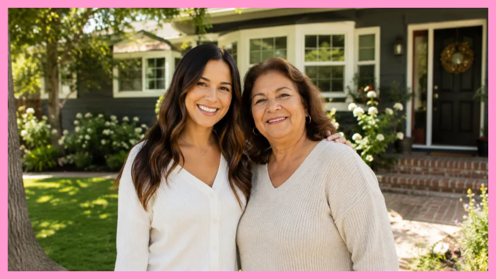 Adult daughter and her mother smiling together outside a family home, representing how an inheritance can help preserve homeownership and support future generations.