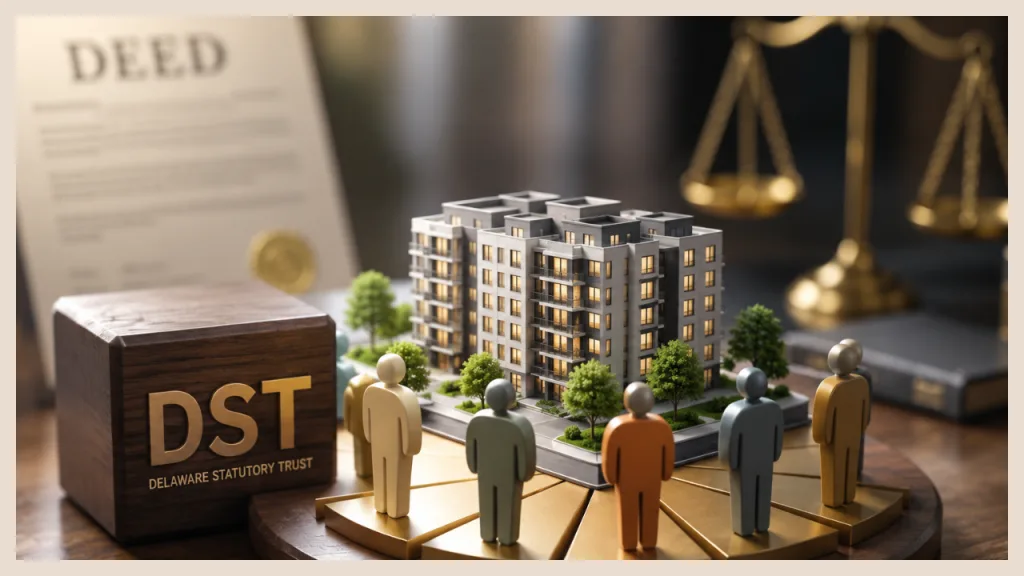 Illustration of a Delaware Statutory Trust (DST) featuring a multifamily apartment building, multiple investors, a property deed, and legal symbols representing fractional real estate ownership.