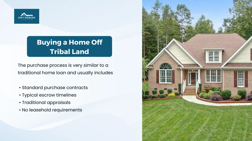 Graphic titled Buying a Home Off Tribal Land explaining that the purchase process is similar to a traditional home loan, with a photo of a single family home and standard purchase details listed. Amy DeBusk Home Loans logo appears at the top.