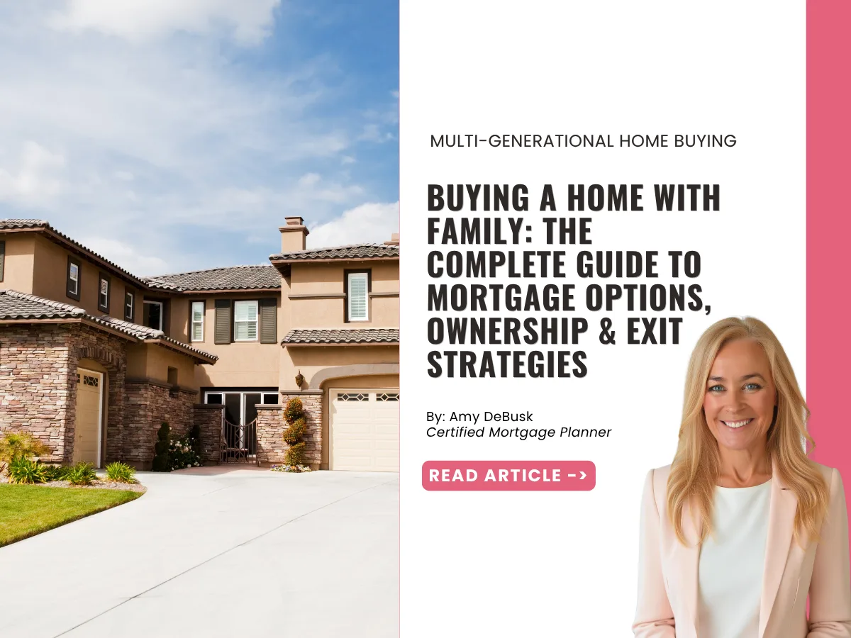 Cover image for a guide about buying a home with family, featuring a large California home that represents multi generational living and shared homeownership.