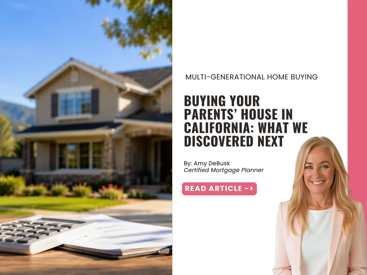 California family home with mortgage documents and calculator, representing the financial considerations involved in buying a parents' house.