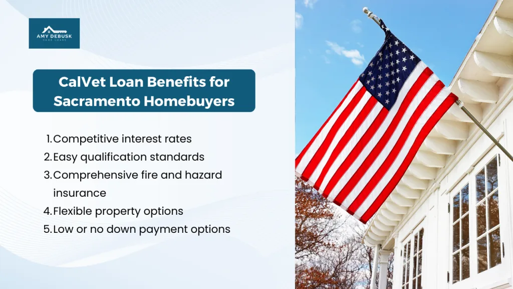 An American Flag, on a building that appears to be the white house, with a list of benefits of the Calvet loan, by Amy DeBusk home loans.