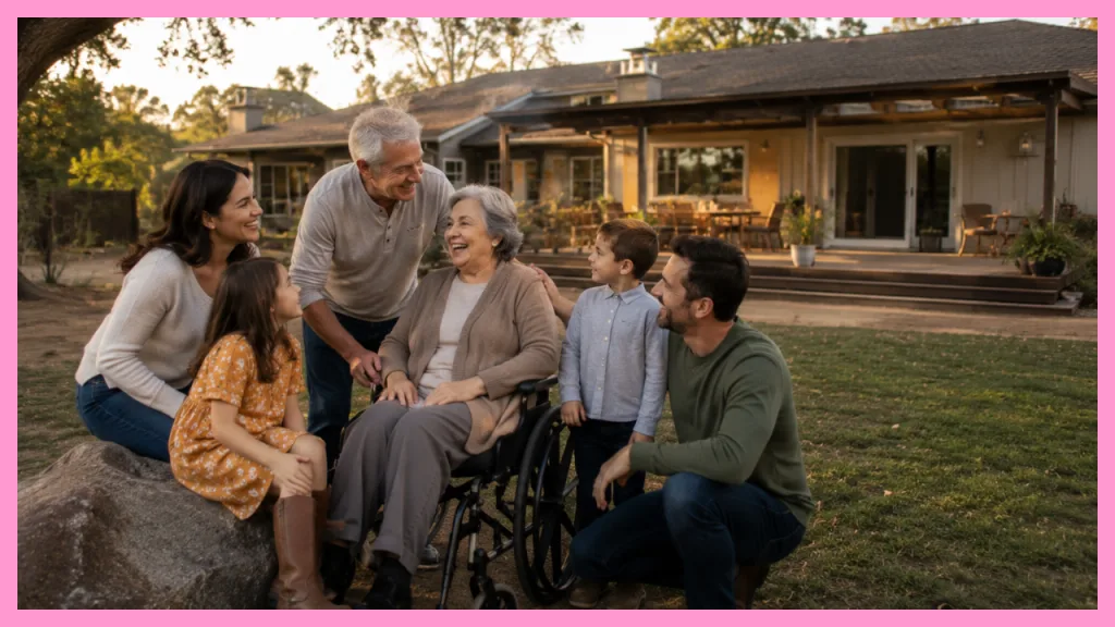 Three generations of a family spending time together outside an accessible home, highlighting the comfort, connection, and support that multigenerational living can provide.