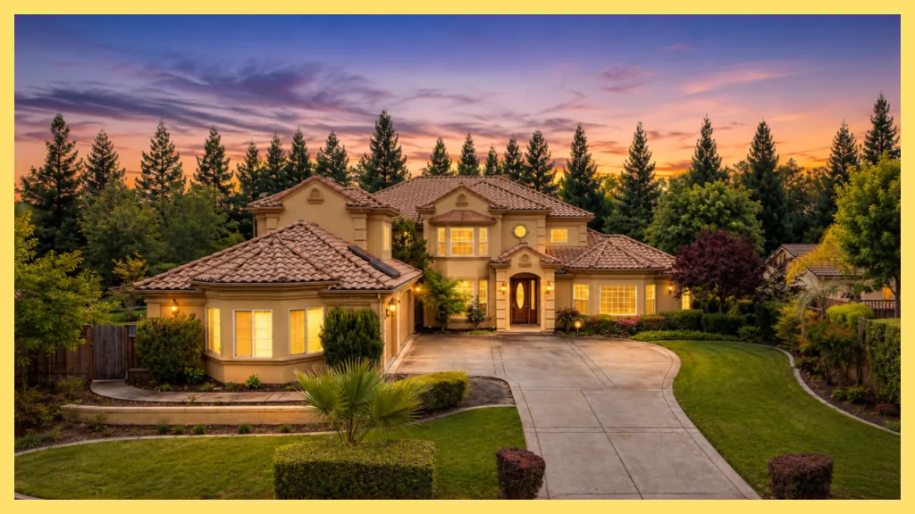 A luxury home in Cavitt Ranch Estates in Granite Bay, California, featuring elegant Mediterranean architecture, a circular driveway, manicured landscaping, and mature trees at sunset. The image highlights the upscale character of Cavitt Ranch Estates, where spacious custom homes, generous lots, and a peaceful setting create one of Granite Bay's most desirable residential neighborhoods.