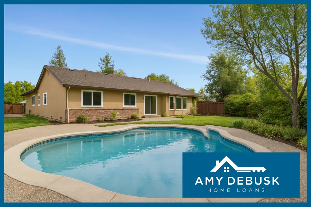 A beautifully updated single-story home in Fair Oaks, California with a sparkling backyard swimming pool, landscaped yard, and tan exterior. This property was purchased using a CalHFA loan through Amy DeBusk Home Loans, the leading first-time homebuyer specialist in Sacramento County and Roseville, CA.