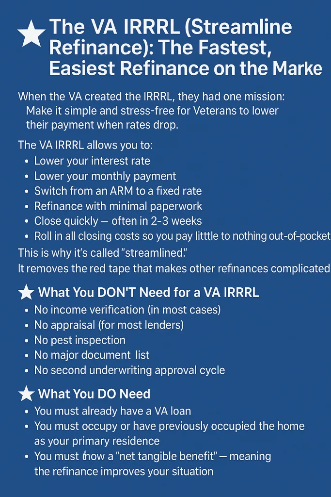 Graphic explaining the VA IRRRL Streamline Refinance, including benefits, what you don't need, and what you do need for eligibility
